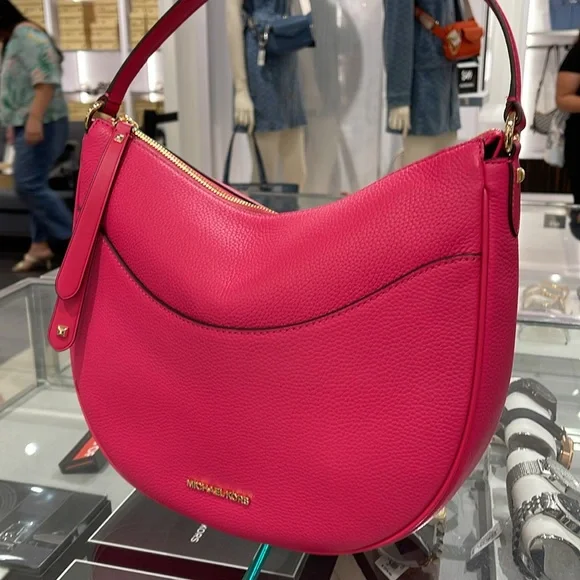 Michael Kors Dover Large Leather Top Zip Half Moon Shoulder Bag in Electric Pink - Picture 1 of 16